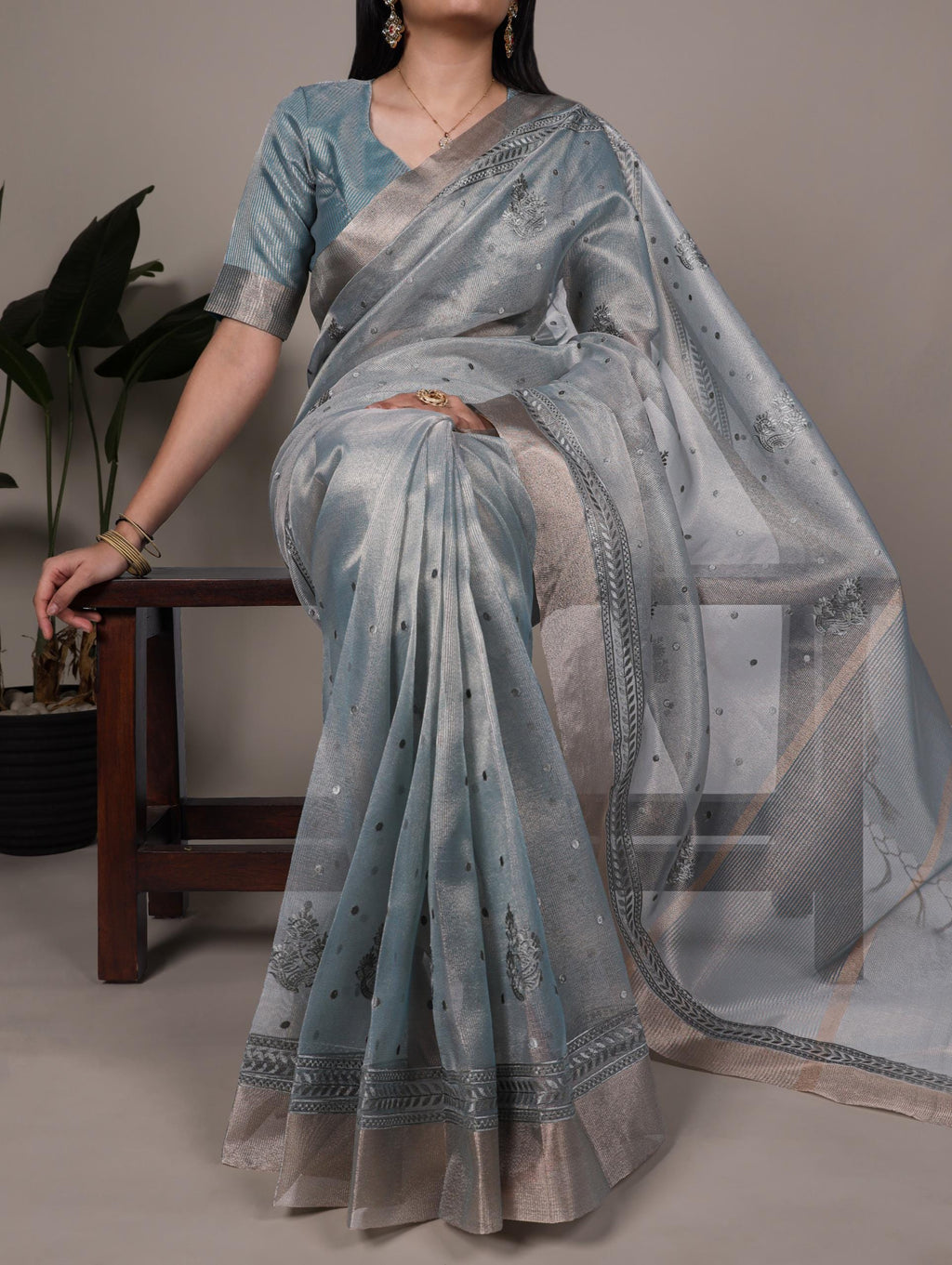 Poly Shimmer Saree with Embroidered Border