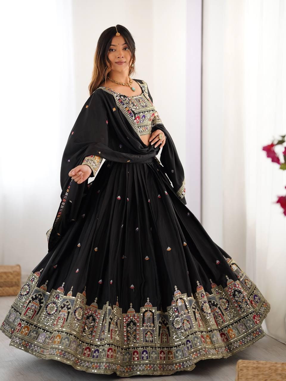Designer Indian Wedding Lehenga Choli: Midnight Black Georgette Embroidery Sequins Work (Made To Order)