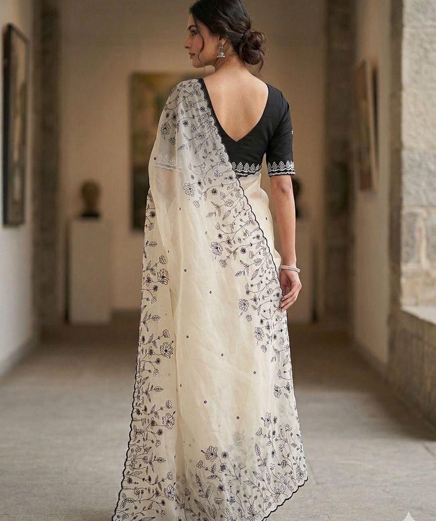 White Georgette Saree with Embroidery, Sequin & Rivet Detail