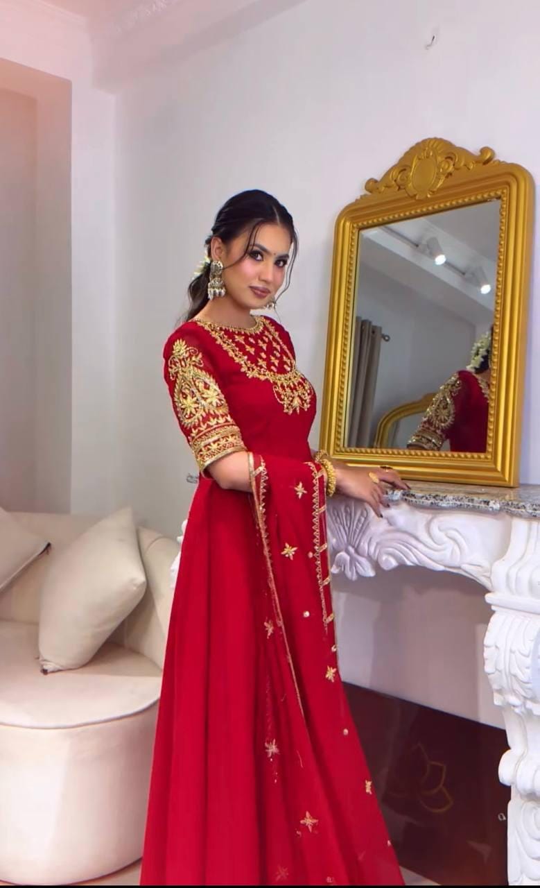 Pure Red Fox Georgette 5mm Sequence Embroidery Gown Pant Set | Stitched Anarkali Suit | Indian Wedding Party Wear Dress for Women