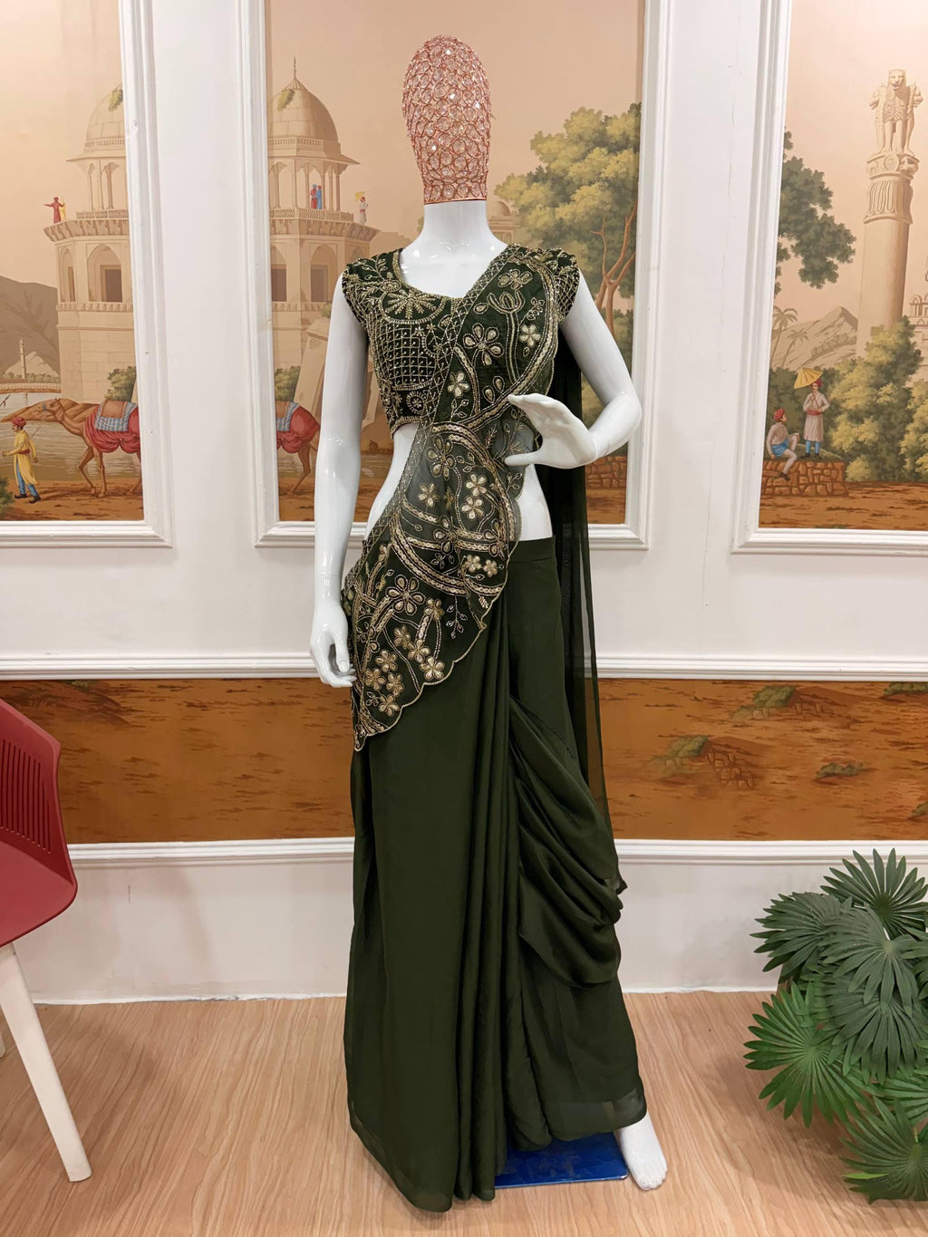 Ready-to-Wear Green Rangoli Silk Drape Saree with Sequins Work Blouse
