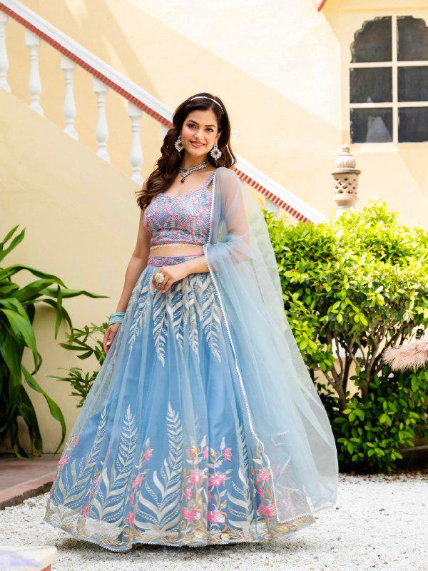 Designer Indian Wedding Lehenga Choli: Sky Blue Soft Net Embroidery Custom Stitched Blouse