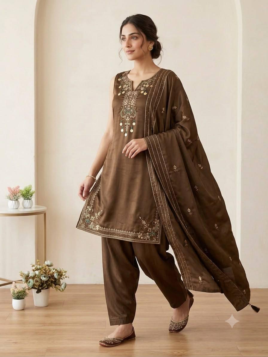 Dark Olive Cose Moss Salwar Suit | Sequence Embroidery, Bead-Coins Tassels