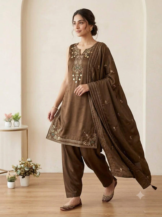 Dark Olive Cose Moss Salwar Suit | Sequence Embroidery, Bead-Coins Tassels