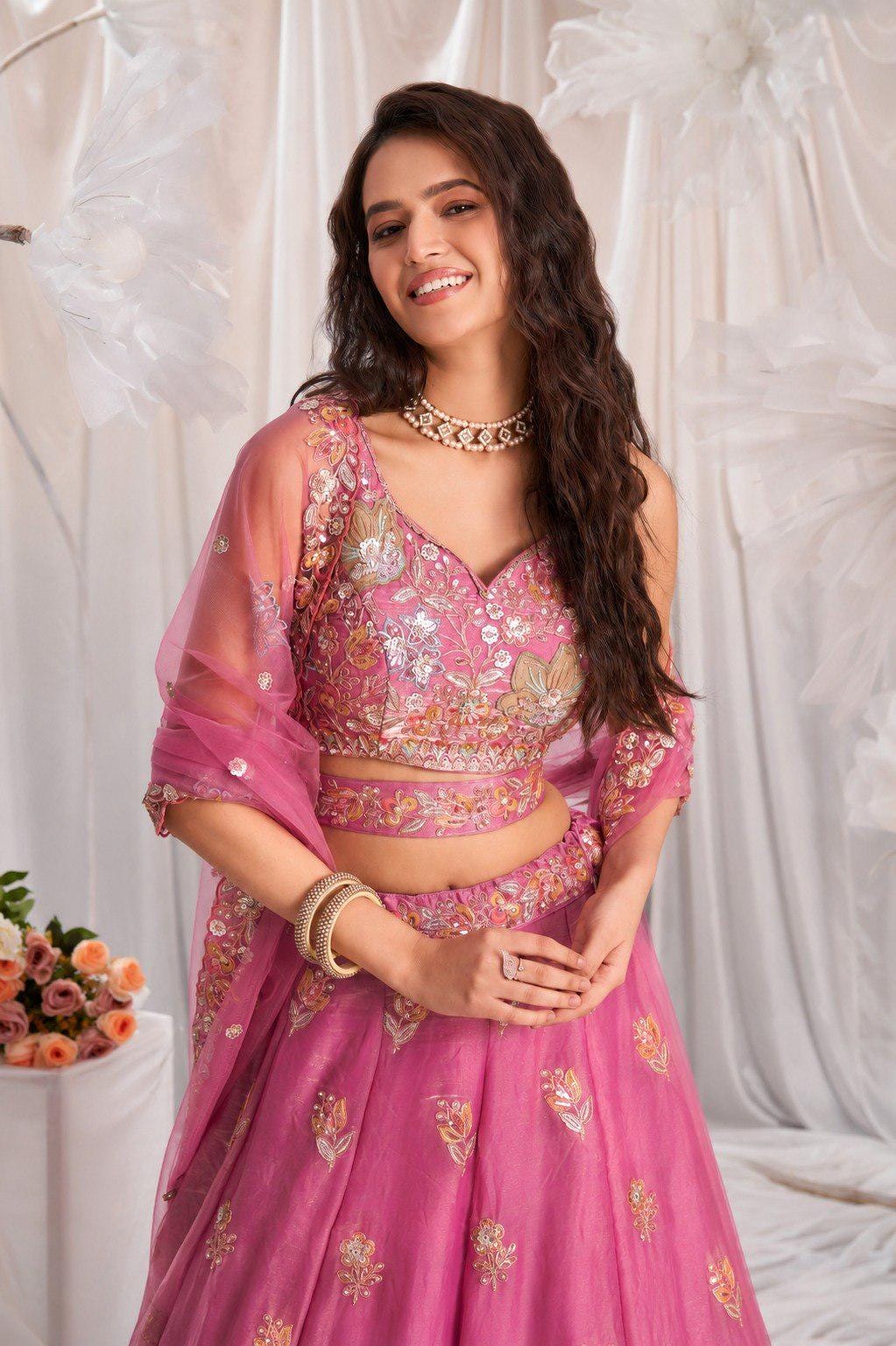 Baby Pink Embroidered Fandy Silk Lehenga Choli Set, Wedding Wear Dupatta