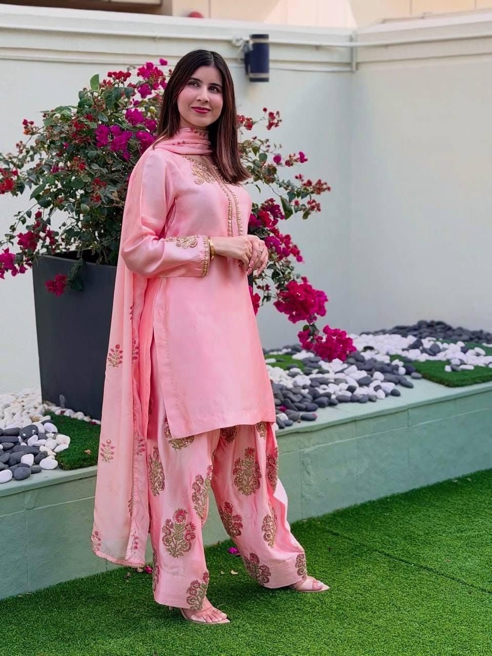 Pink Crepe Silk Suit Set, Heavy Embroidery Party Outfit, Ready Wear Indian Dress