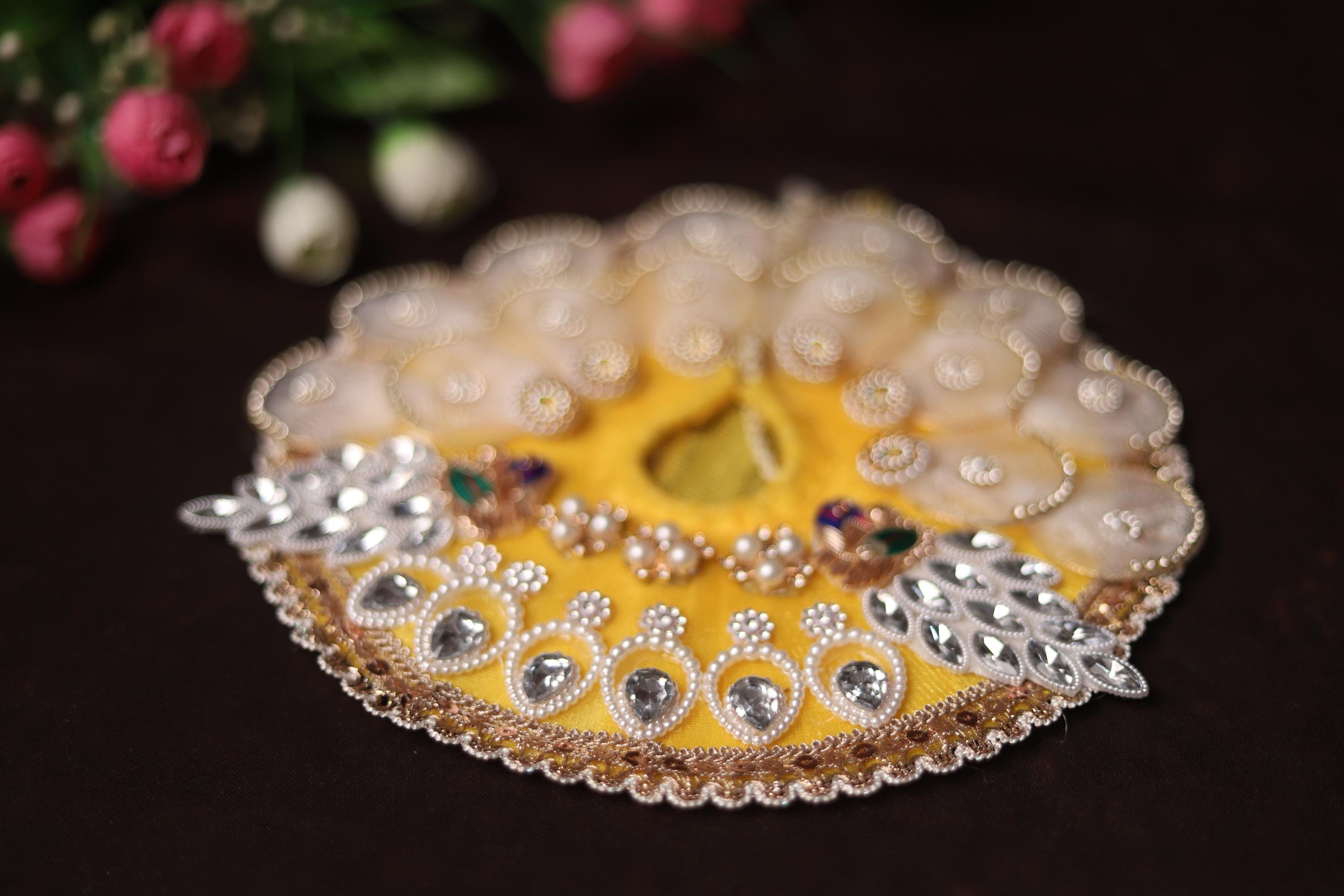 Handcrafted Kanha Ji Poshak with Elegant White Petals and Stone Work Embellishments Traditional Peacock Theme Laddu Gopal Dress