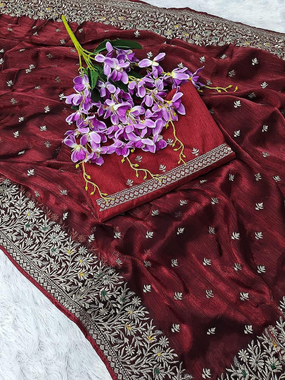 Maroon Georgette Saree with Embroidery & Sequin Work