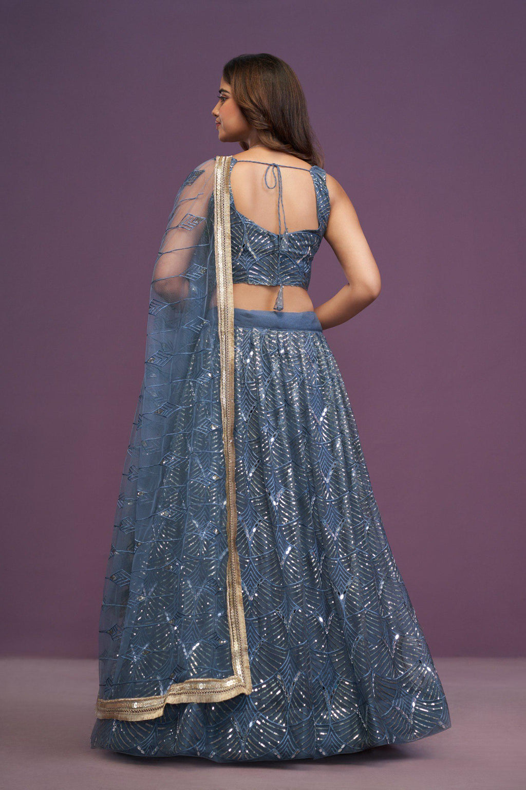 Blue Net Lehenga Choli Set: Real Mirror & Sequence Work Wedding Wear
