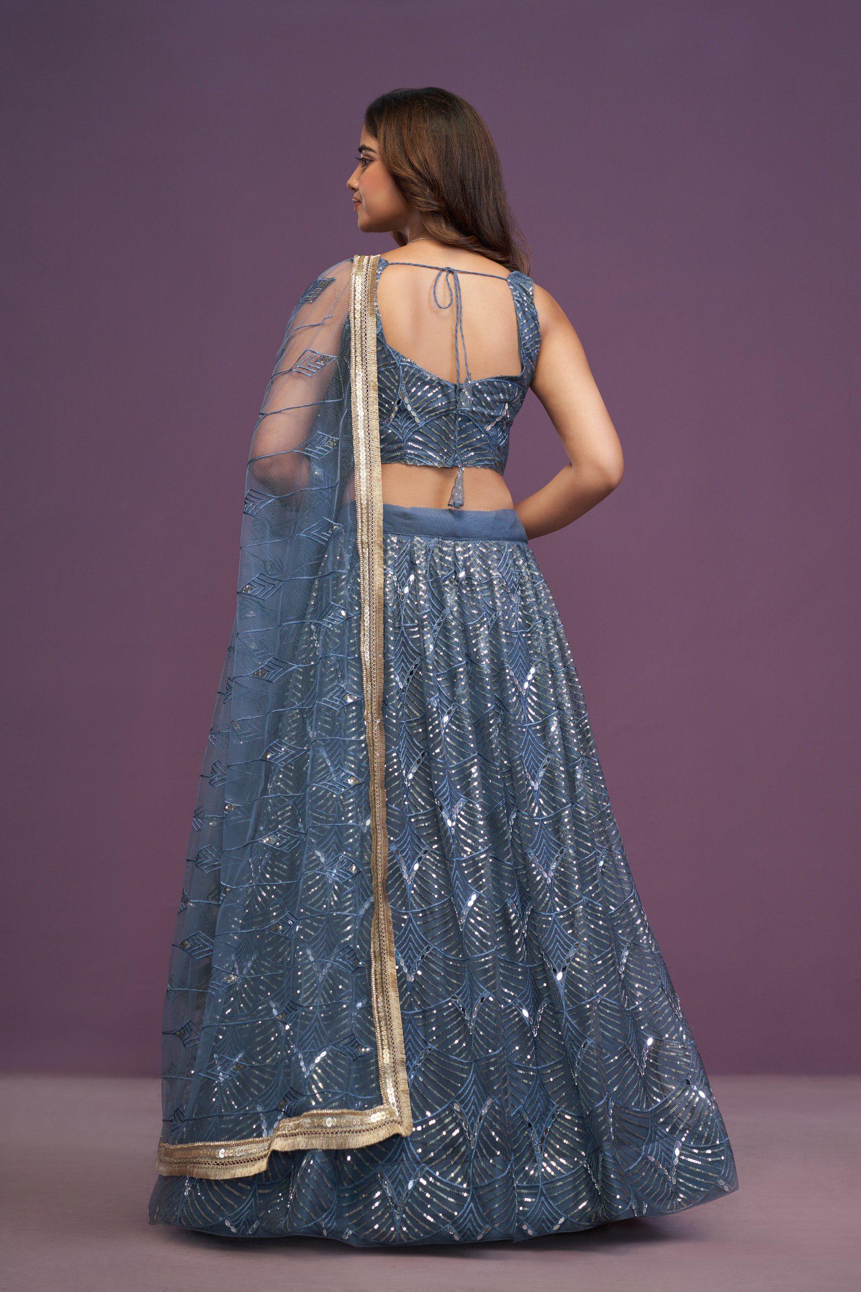 Blue Net Lehenga Choli Set: Real Mirror & Sequence Work Wedding Wear