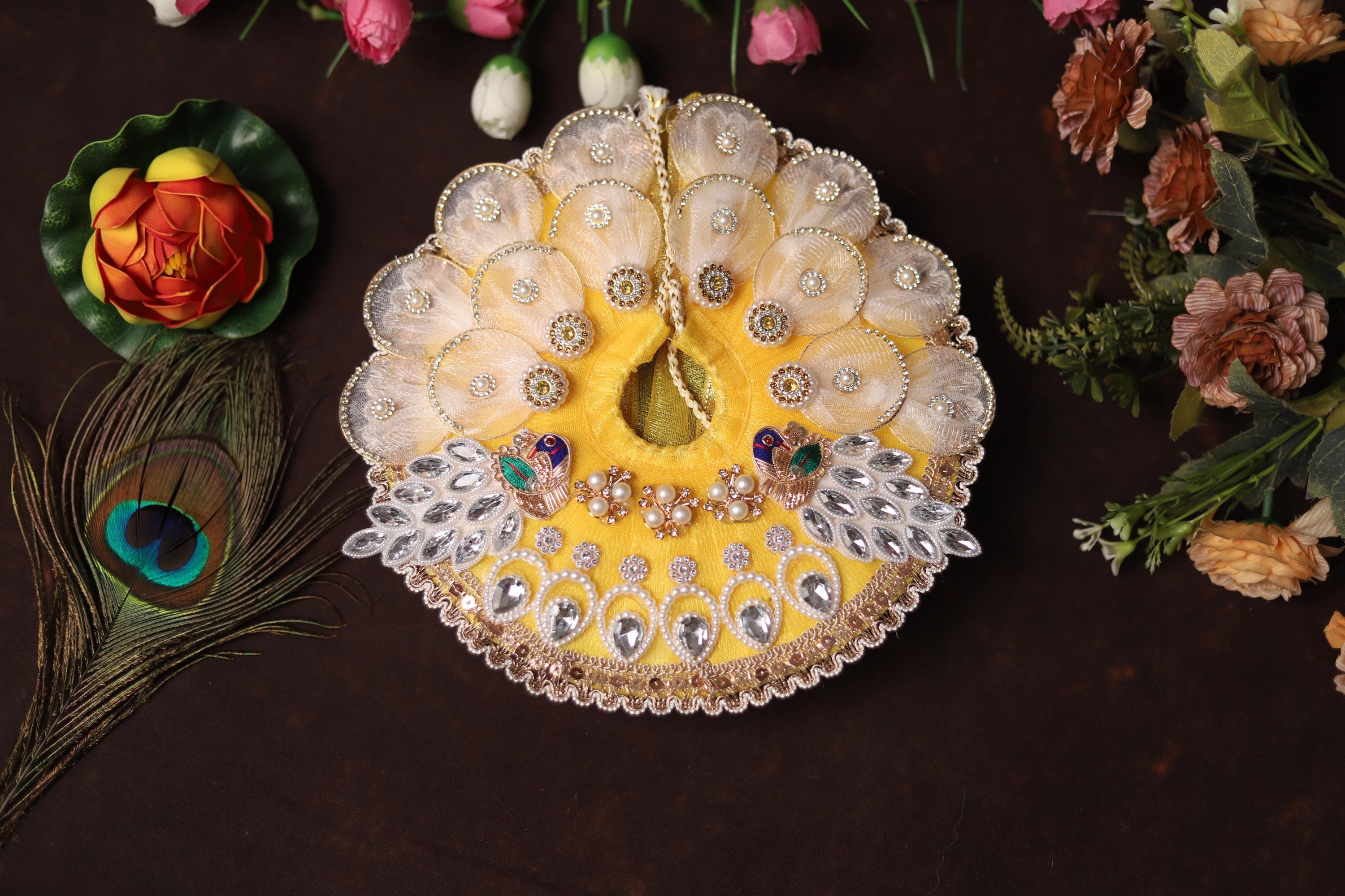 Handcrafted Kanha Ji Poshak with Elegant White Petals and Stone Work Embellishments Traditional Peacock Theme Laddu Gopal Dress