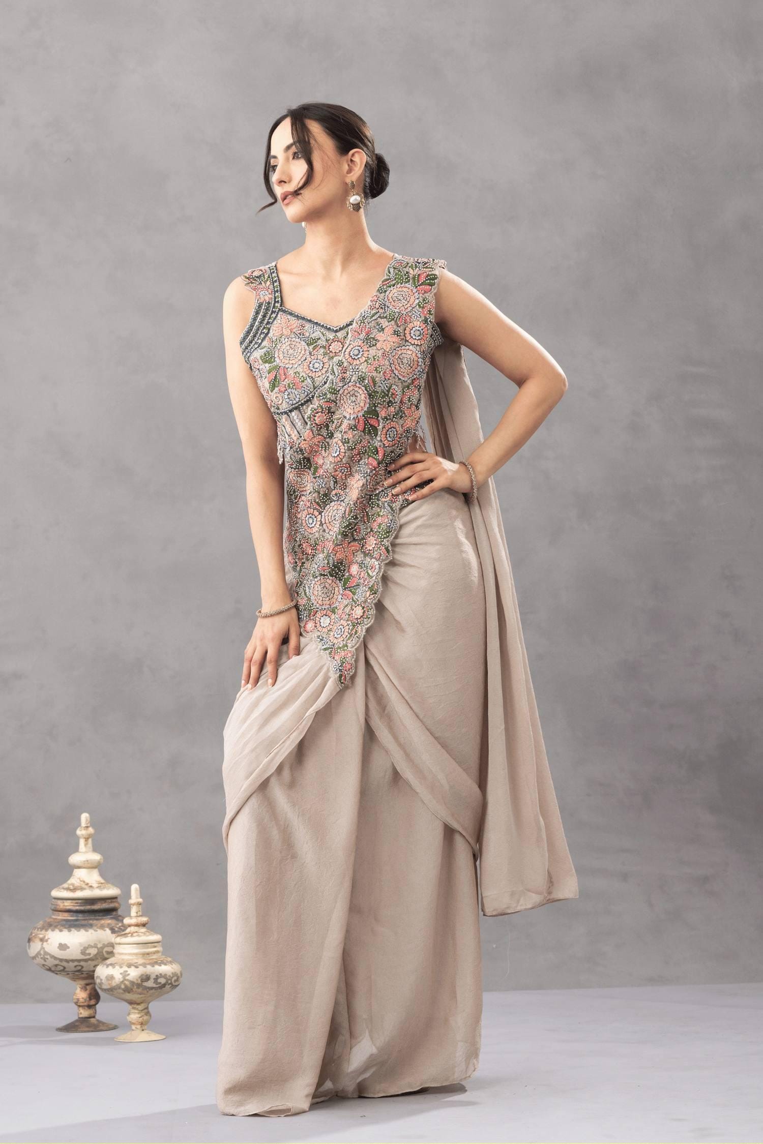 Ready-to-Wear White Chinon Silk Saree with Sequin Work