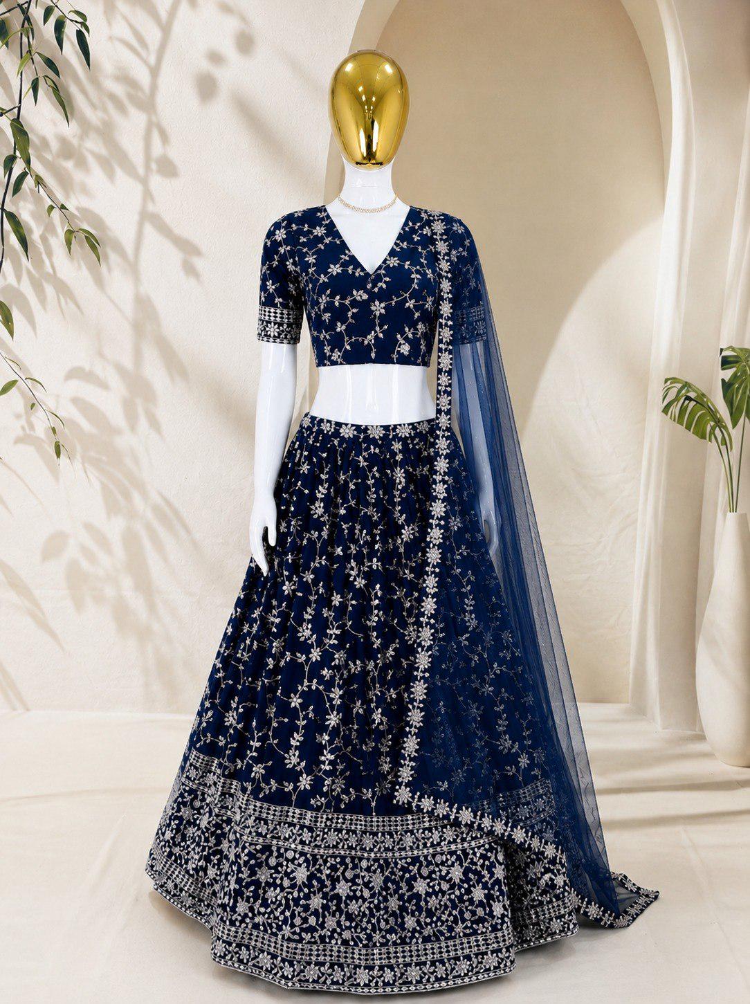 Designer Indian Wedding Lehenga Choli Set: Royal Blue Georgette Embroidery (Made To Order)