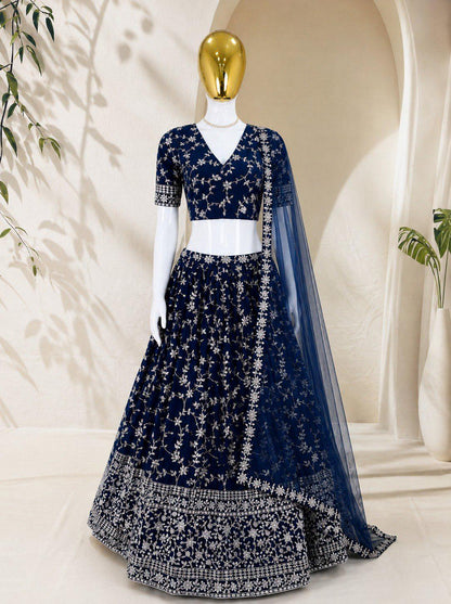 Designer Indian Wedding Lehenga Choli Set: Royal Blue Georgette Embroidery (Made To Order)