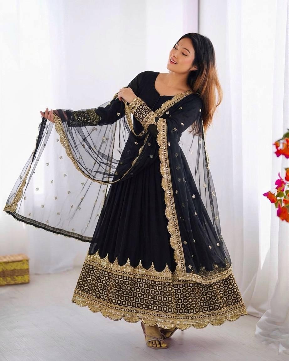 Black Embroidered Anarkali Gown Set, Faux Georgette Sequence Work, Party Wear Ethnic Dress