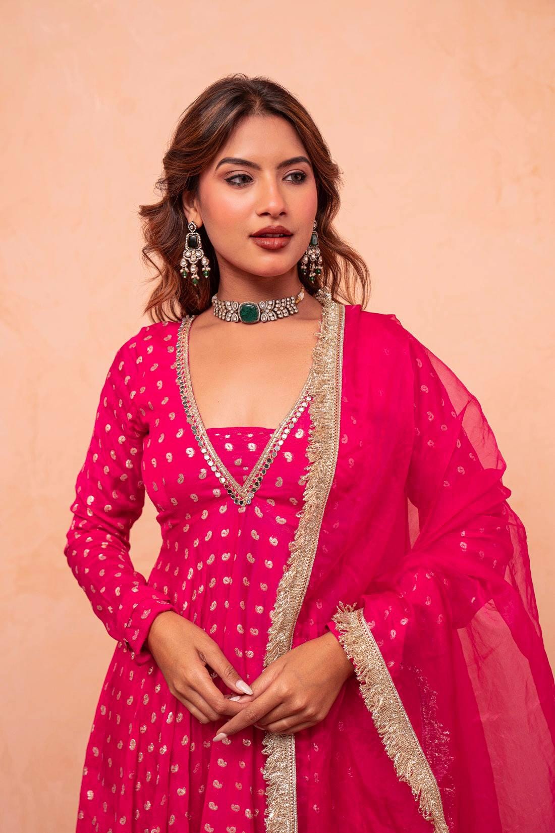 Royal Pink Jacquard Chanderi Silk Kurti Sharara Suit with Real Mirror Work, Net Dupatta