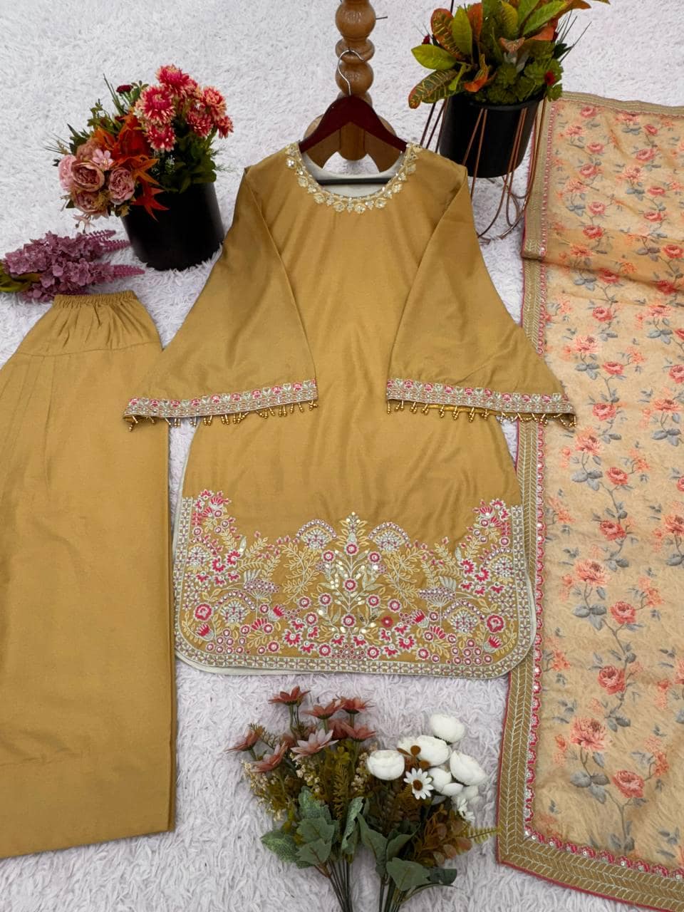 Yellow French Crepe Silk Embroidered Top, Bottom, Dupatta Set (Ready to Wear)