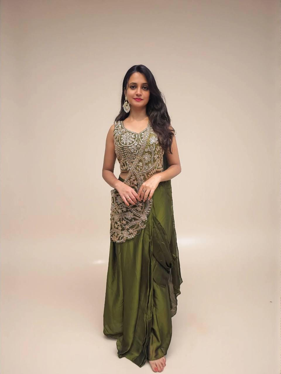 Ready-to-Wear Green Rangoli Silk Drape Saree with Sequins Work Blouse