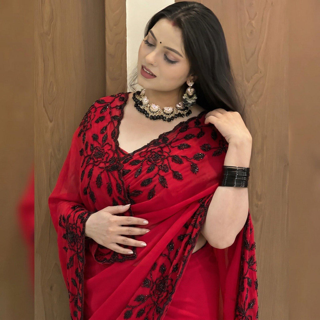 Black Fox Georgette Saree with Beadwork & Cutwork Border