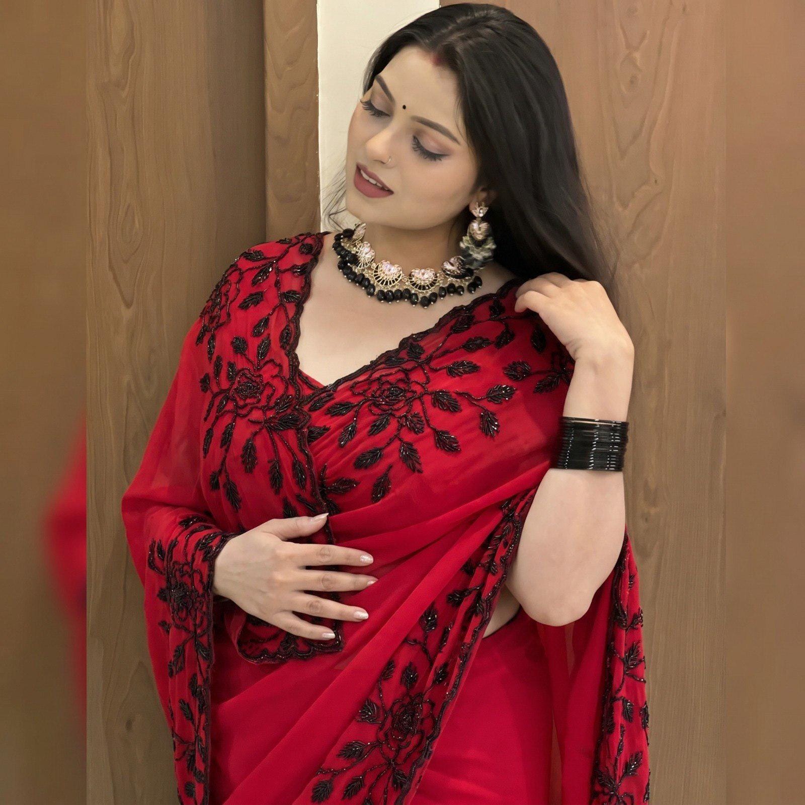 Black Fox Georgette Saree with Beadwork & Cutwork Border