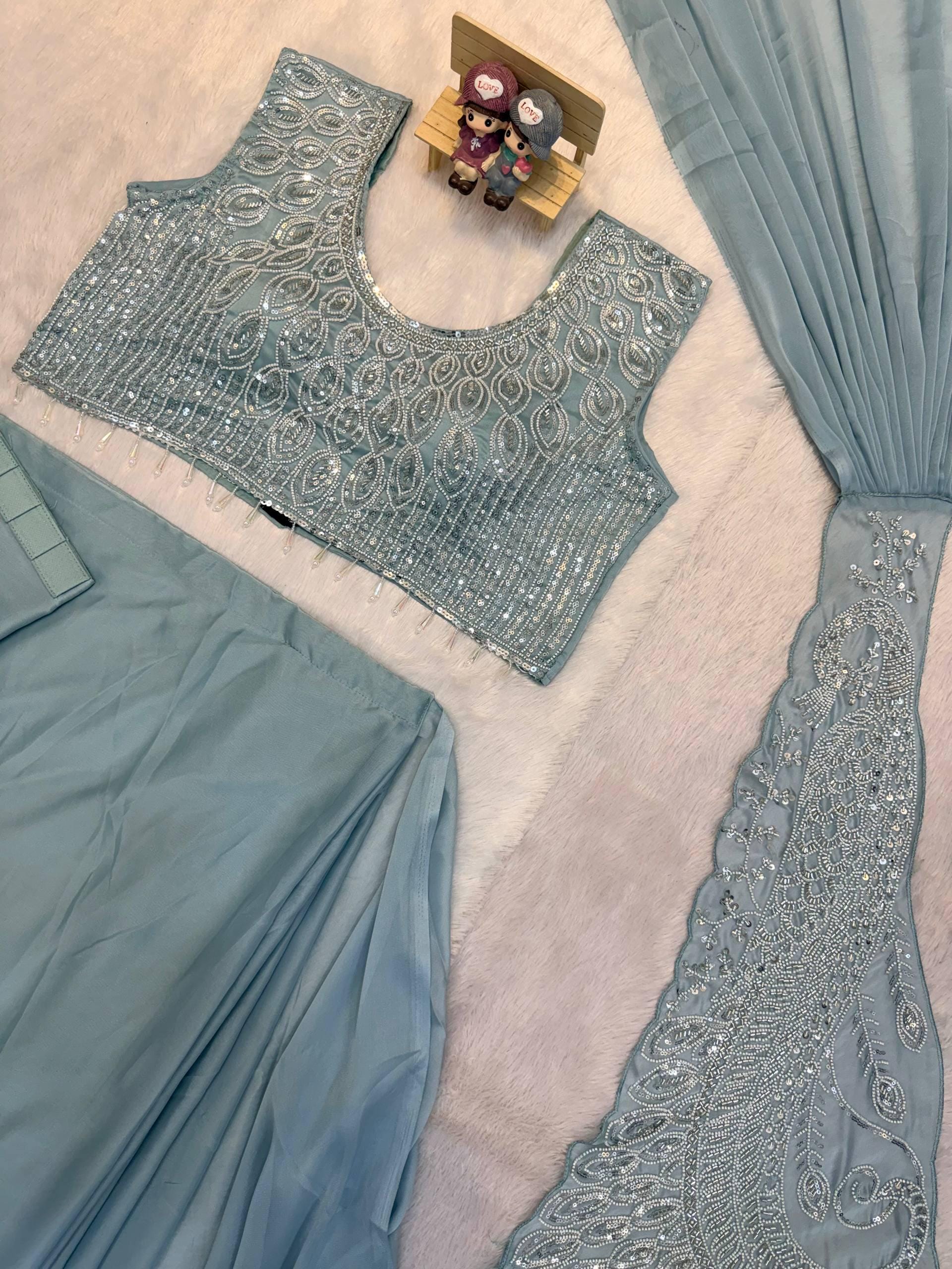 Ready-to-Wear Blue Silk Drape Saree with Sequins Work Blouse