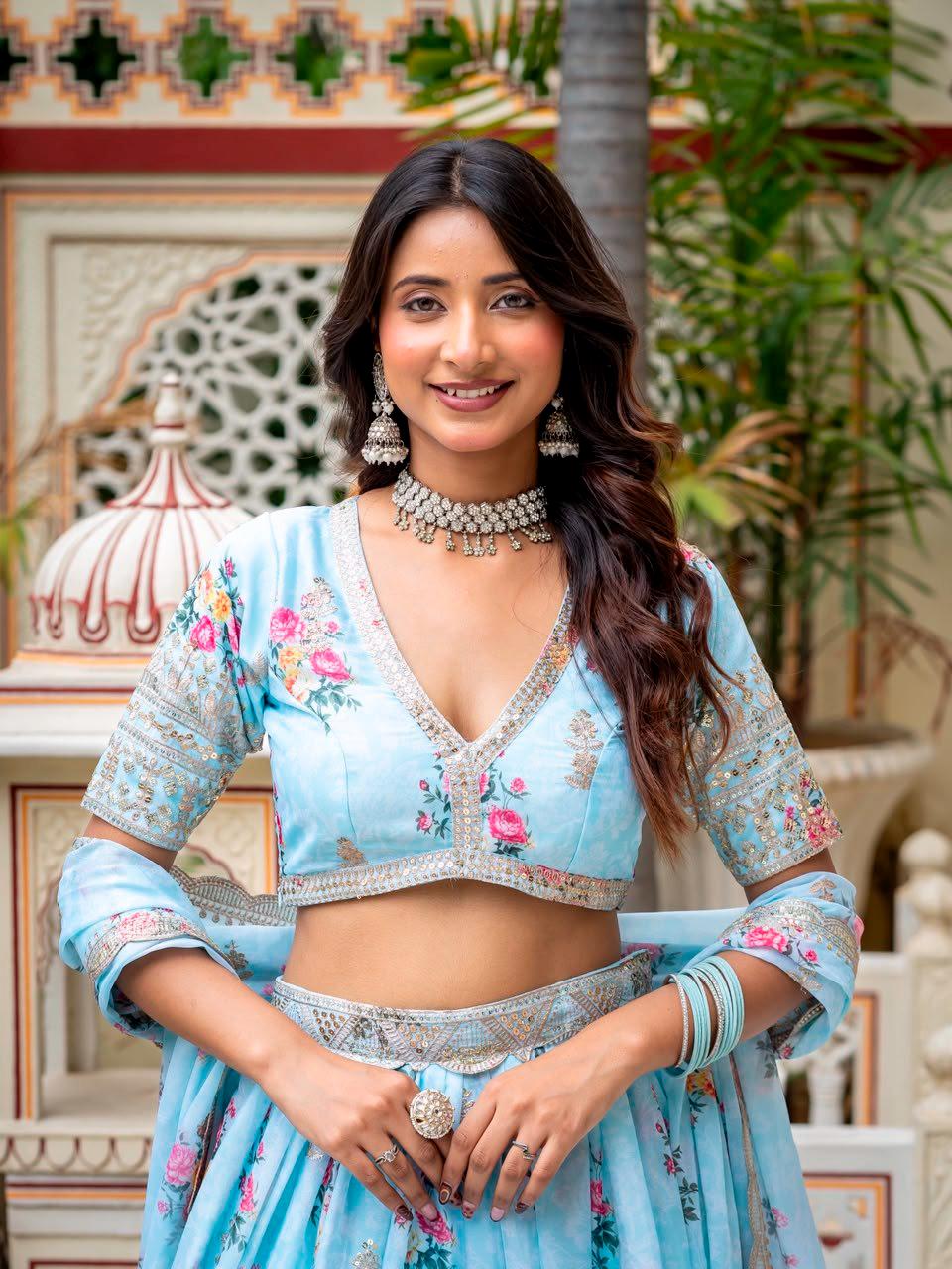 Designer Indian Wedding Lehenga Choli: Sky Blue Georgette Embroidery (Made To Order) Customize Size