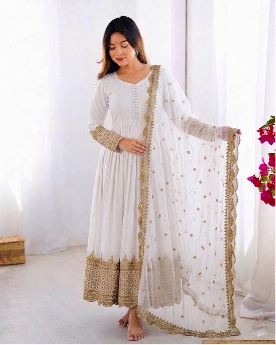 White Anarkali Gown Set — Faux Georgette, Sequin Embroidery
