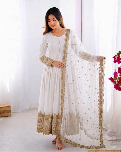 White Anarkali Gown Set — Faux Georgette, Sequin Embroidery