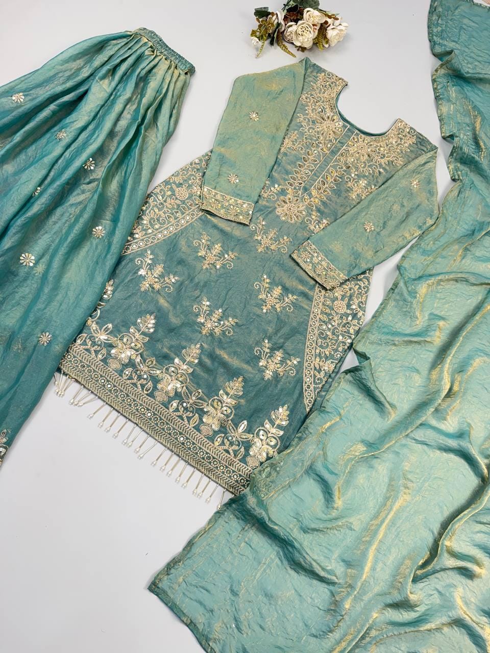 Designer Dusty Green Silk Embroidered Salwar Set with Dupatta | Wedding Party Wear