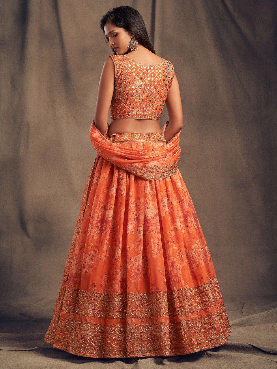 Dusty Rose Organza Lehenga Choli Set | Printed Embroidery Sequence Wedding Dress