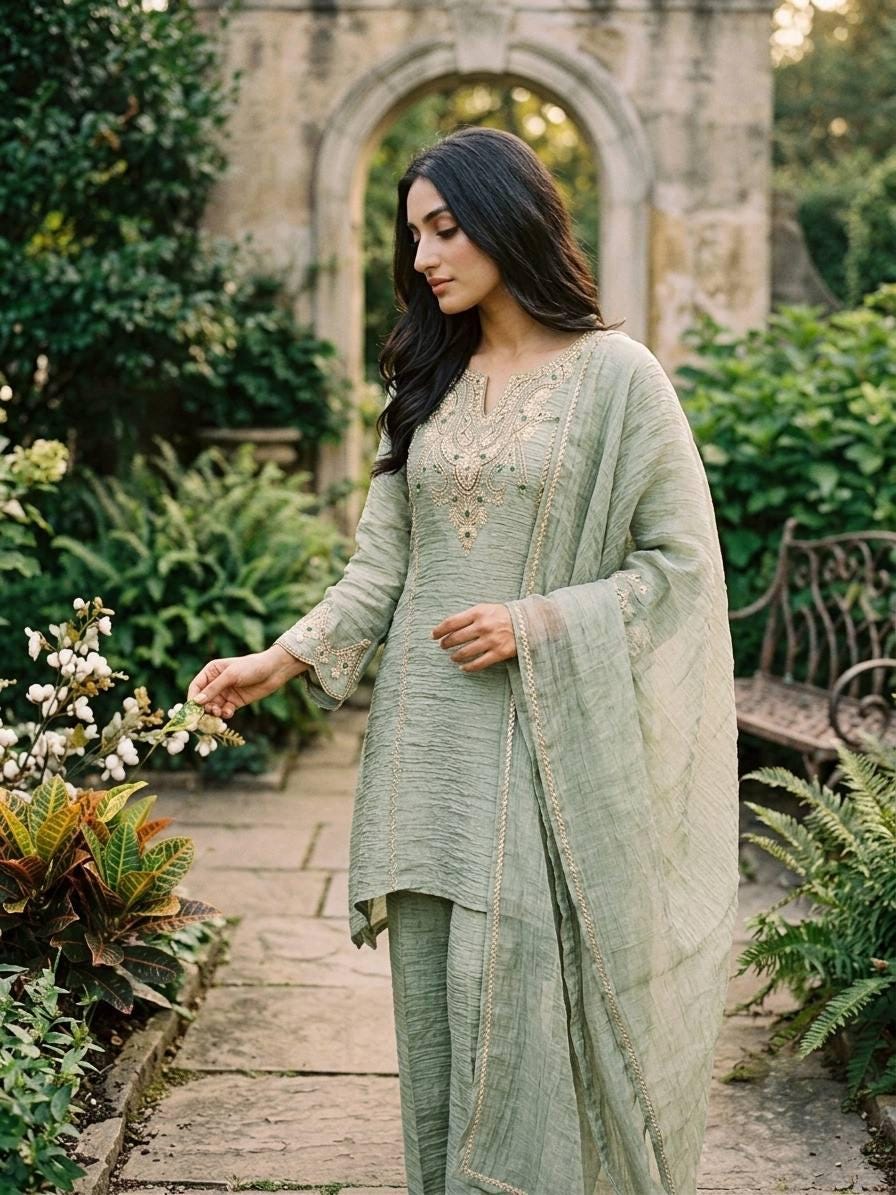 Designer Salsa Silk Sage Green Embroidery Coding & Stone Work Sharara Suit Set Custom Stitched