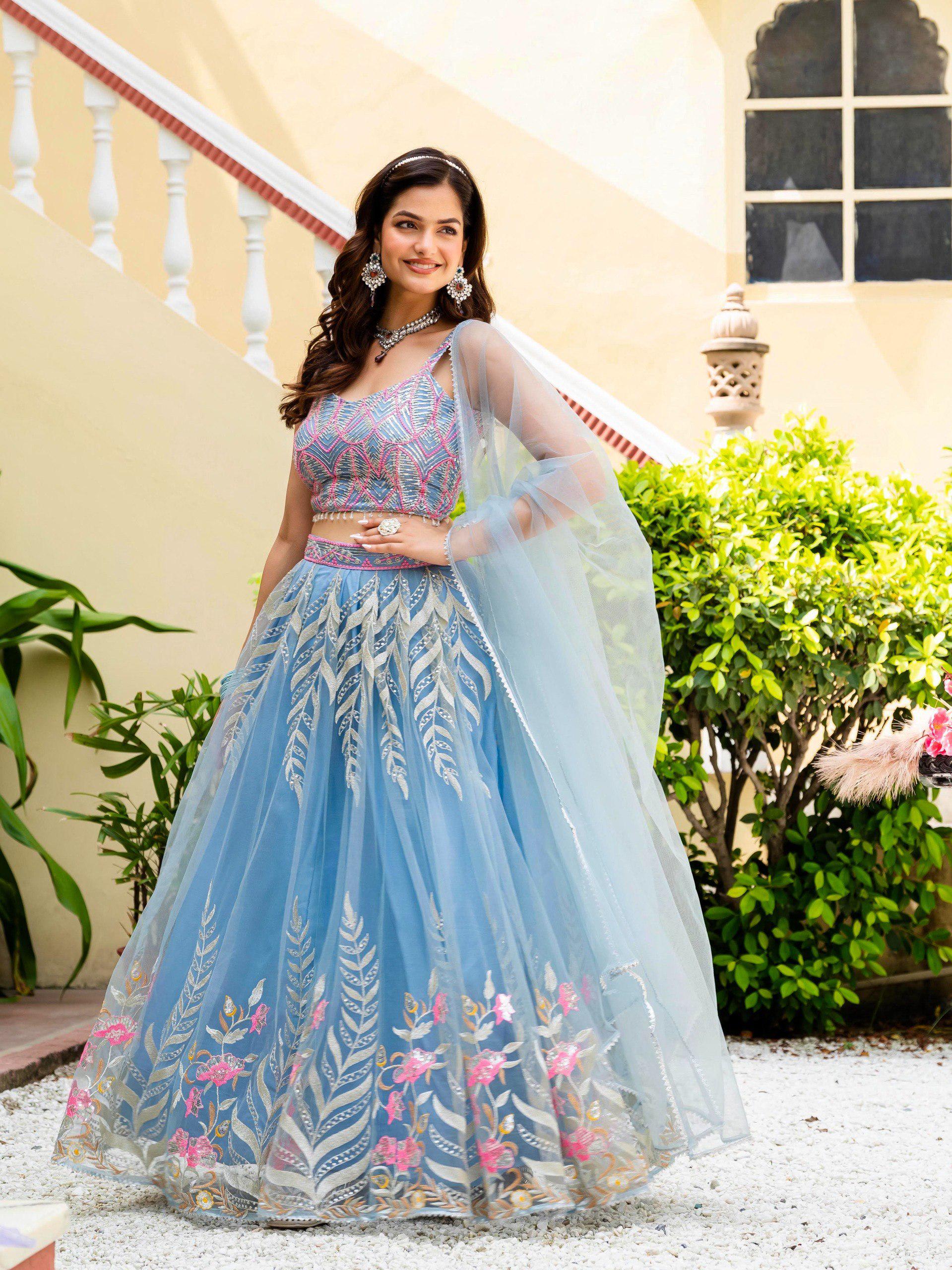 Designer Indian Wedding Lehenga Choli: Sky Blue Soft Net Embroidery Custom Stitched Blouse
