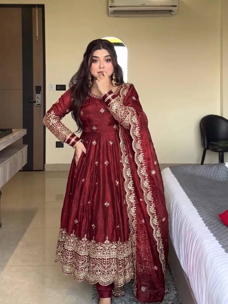 Maroon Pure Fendy Silk Gown Set | Sequence Embroidery Party Wear Dress