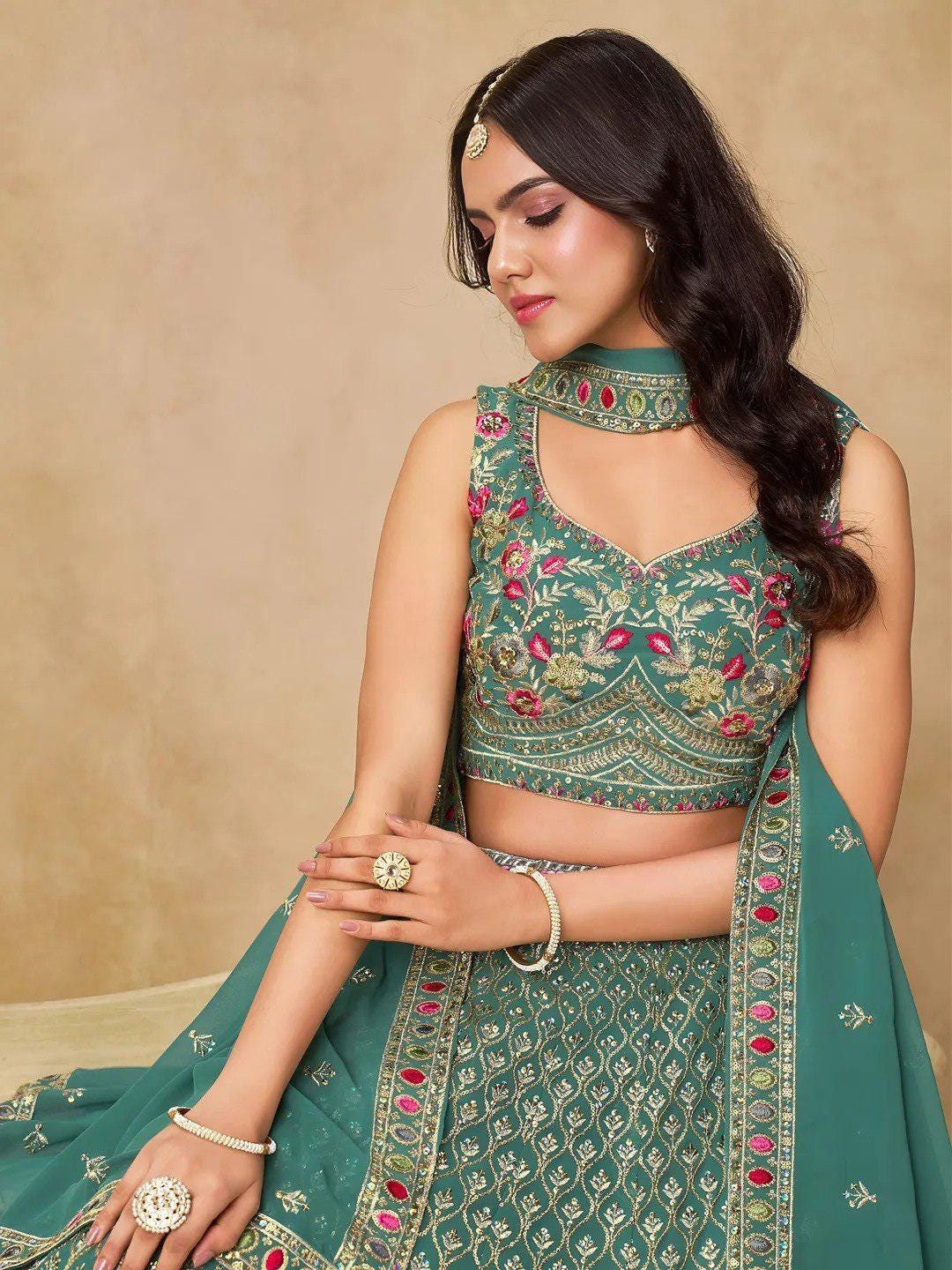 Designer Indian Wedding Lehenga Choli: Mint Green Georgette Embroidery (Made To Order) Customize Size
