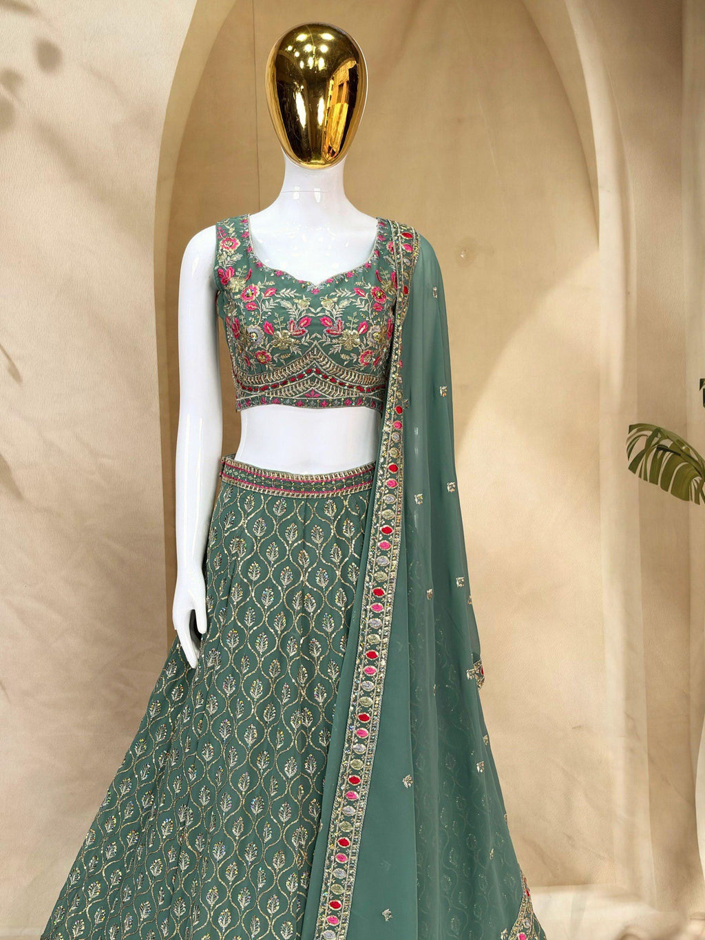 Designer Indian Wedding Lehenga Choli: Mint Green Georgette Embroidery (Made To Order) Customize Size