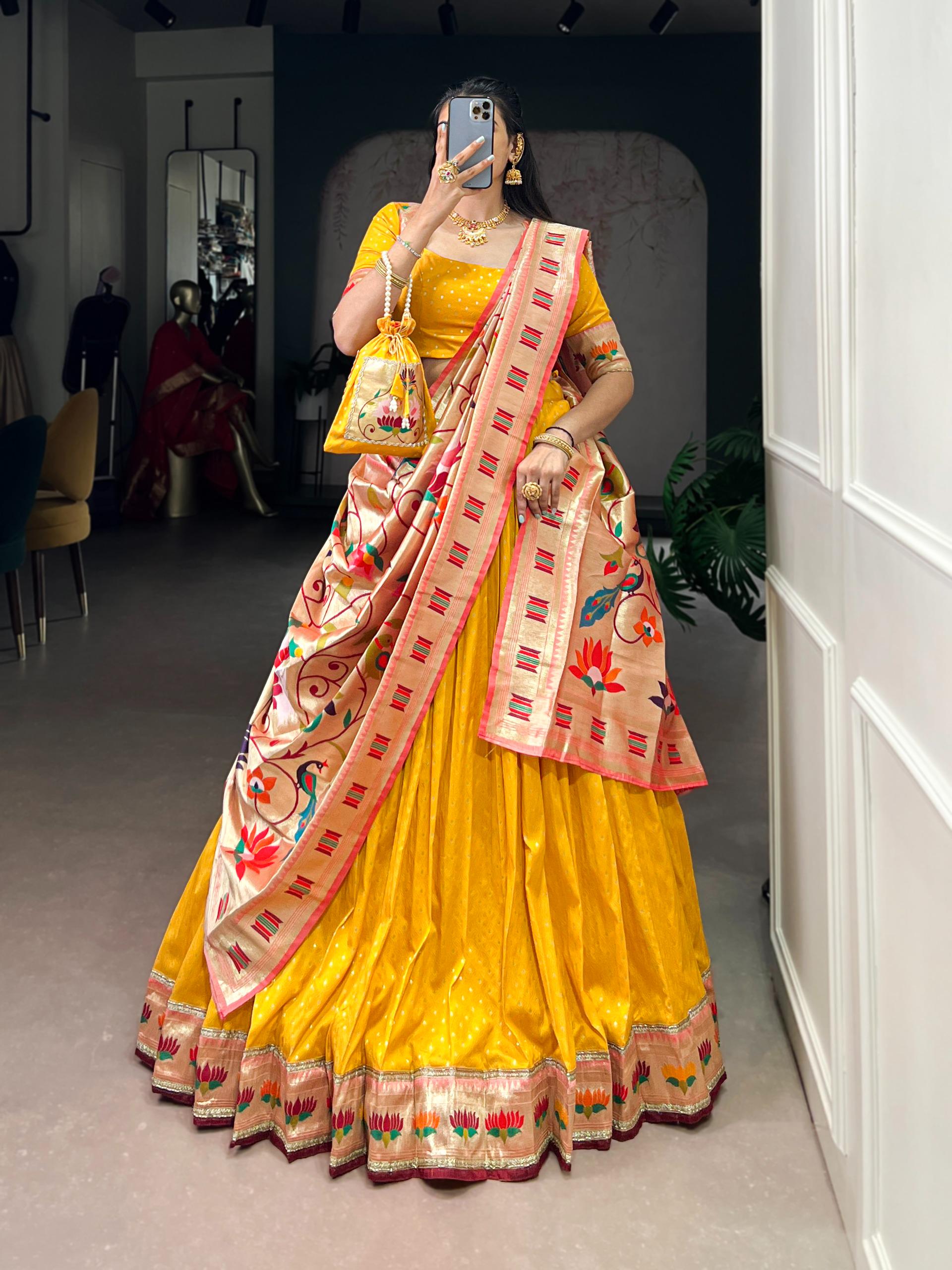 Designer Silk Paithani Lehenga Choli Set | Zari Weaving Indian Wedding Wear, Batwa