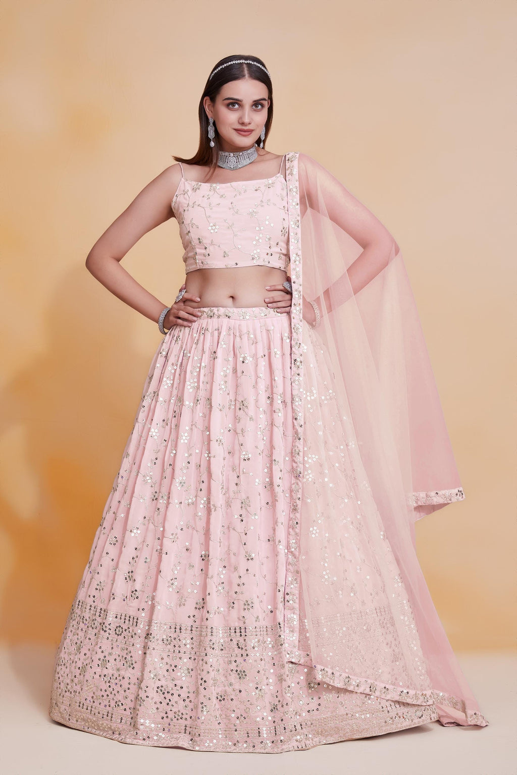 Designer Indian Wedding Lehenga Choli: Pink Georgette Embroidery Stitched Blouse