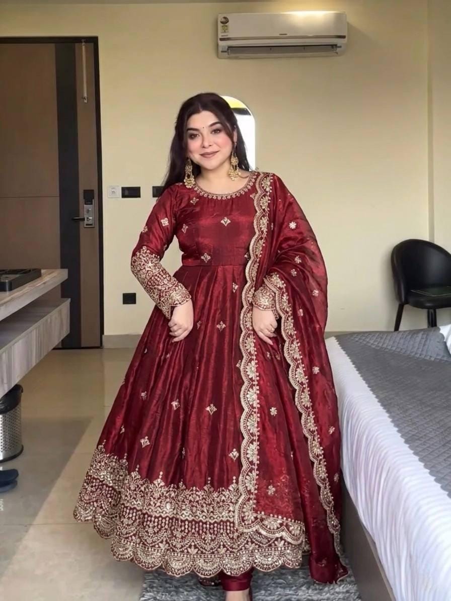 Maroon Pure Fendy Silk Gown Set | Sequence Embroidery Party Wear Dress