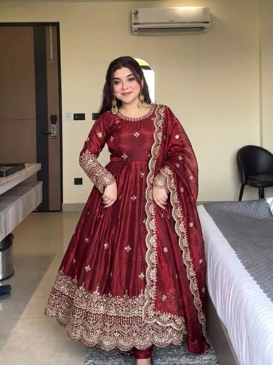 Maroon Pure Fendy Silk Gown Set | Sequence Embroidery Party Wear Dress