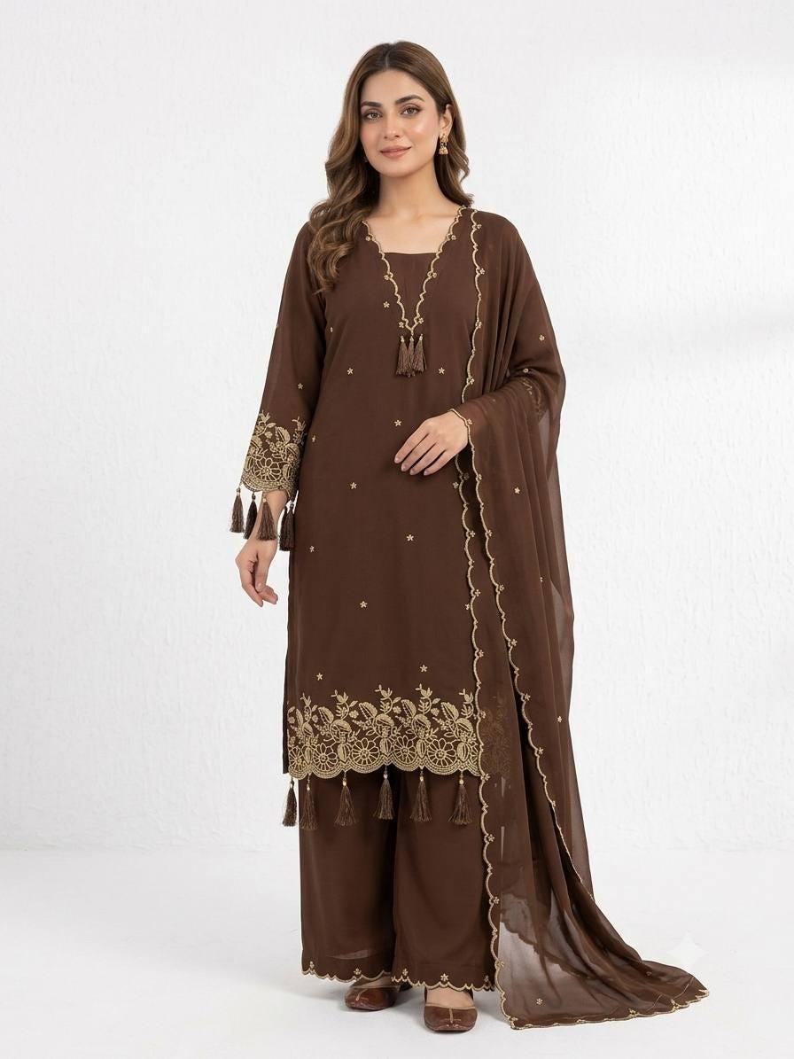 Embroidered Brown Rayon Kurta Salwar Set with Dupatta | Festive Indian Wear