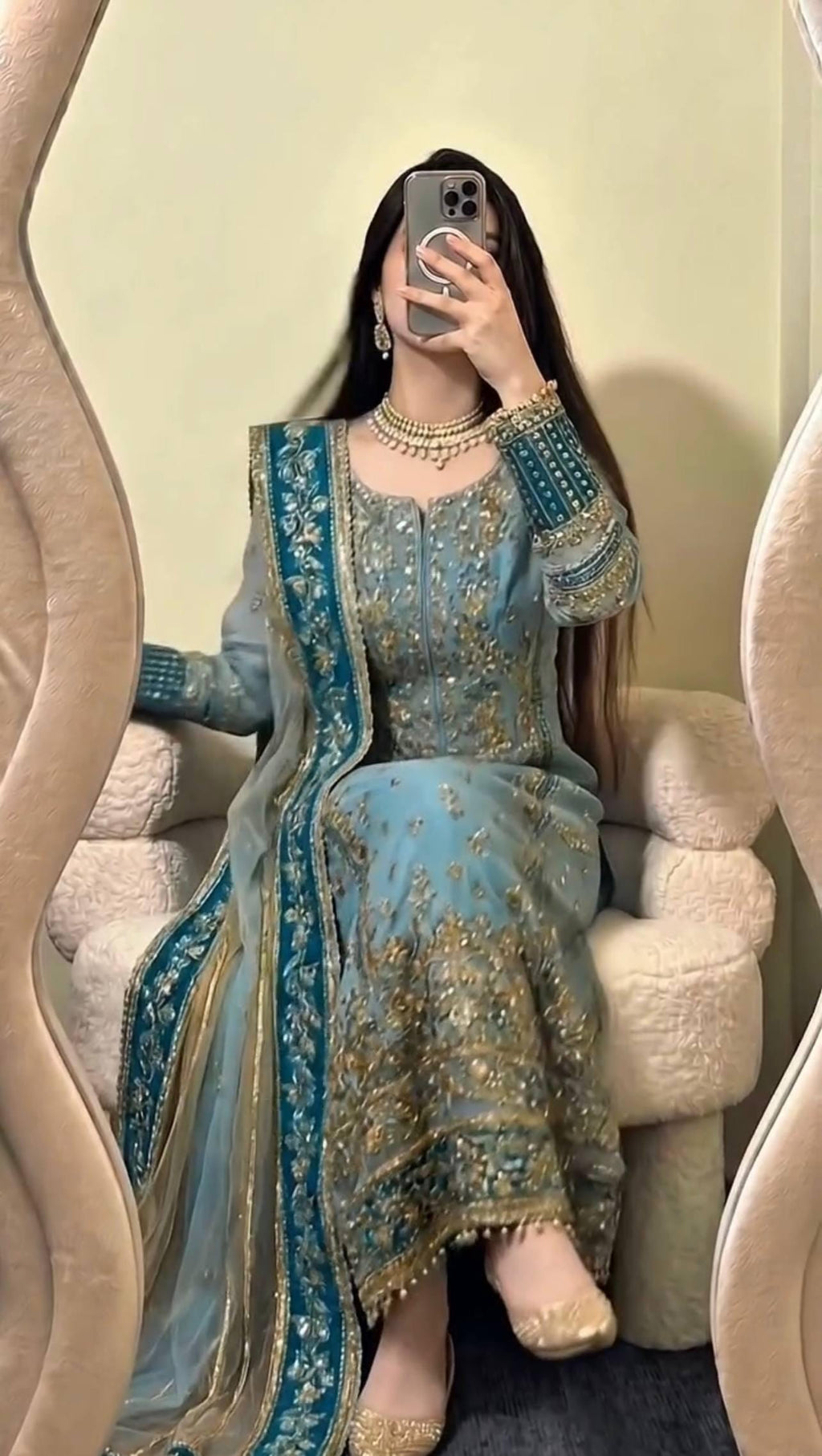 Teal Blue Fox Georgette Suit Set: Heavy Embroidery Sequence Work, Stitched Punjabi Salwar Kameez