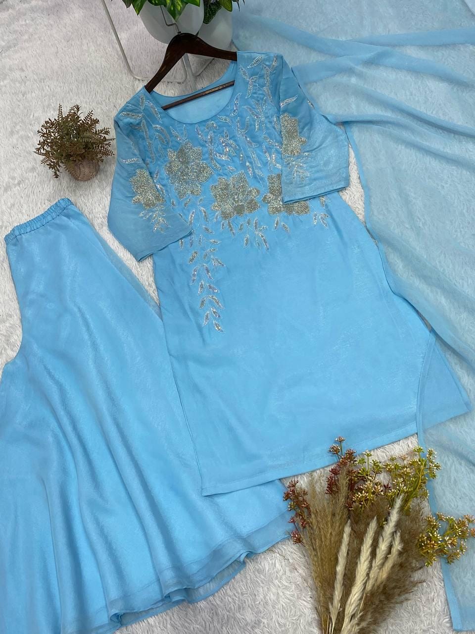Designer Firozi Blue Embroidered Salwar Set with Dupatta | Wedding Party Wear Custom Stitched