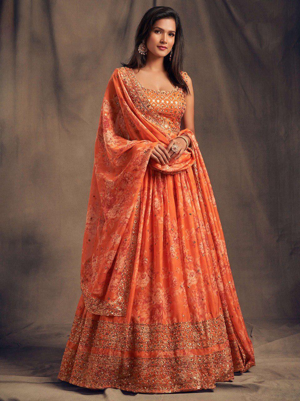 Dusty Rose Organza Lehenga Choli Set | Printed Embroidery Sequence Wedding Dress