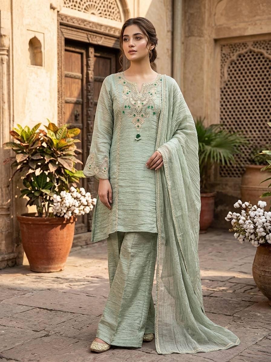 Designer Salsa Silk Sage Green Embroidery Coding & Stone Work Sharara Suit Set Custom Stitched