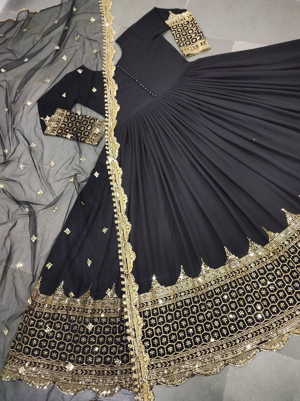 Black Embroidered Anarkali Gown Set, Faux Georgette Sequence Work, Party Wear Ethnic Dress