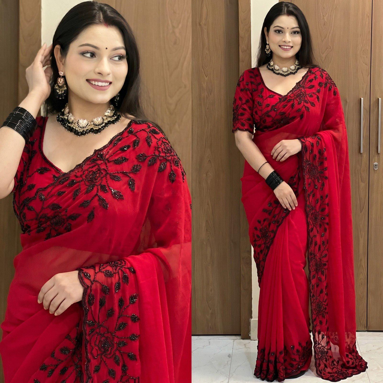 Black Fox Georgette Saree with Beadwork & Cutwork Border