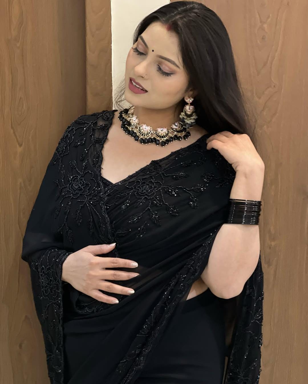Black Fox Georgette Saree with Beadwork & Cutwork Border