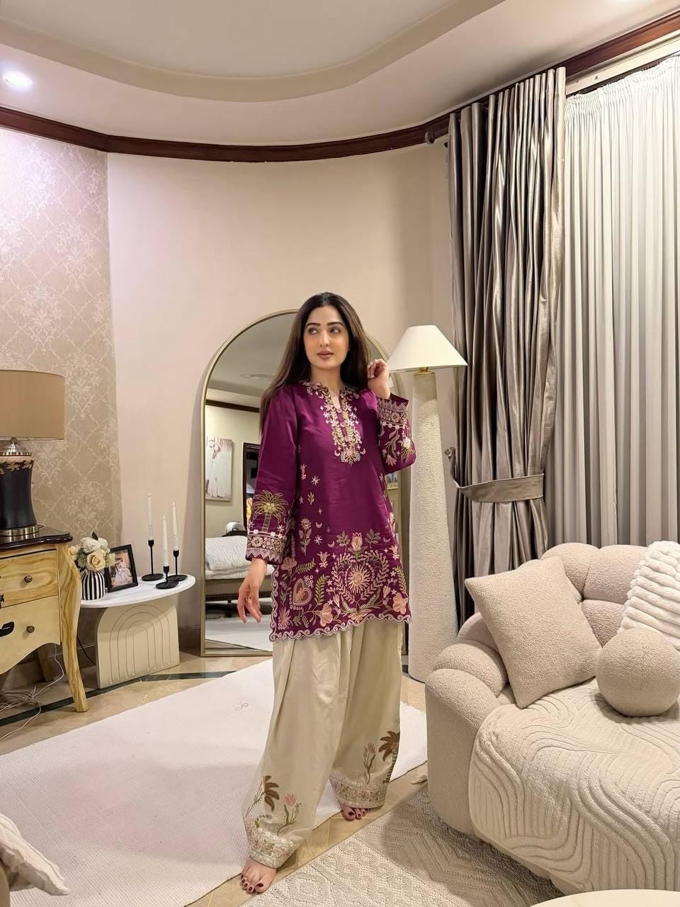 Designer French Crape Embroidered Kurti Salwaar Set | Purple Off-White Ethnic Dress