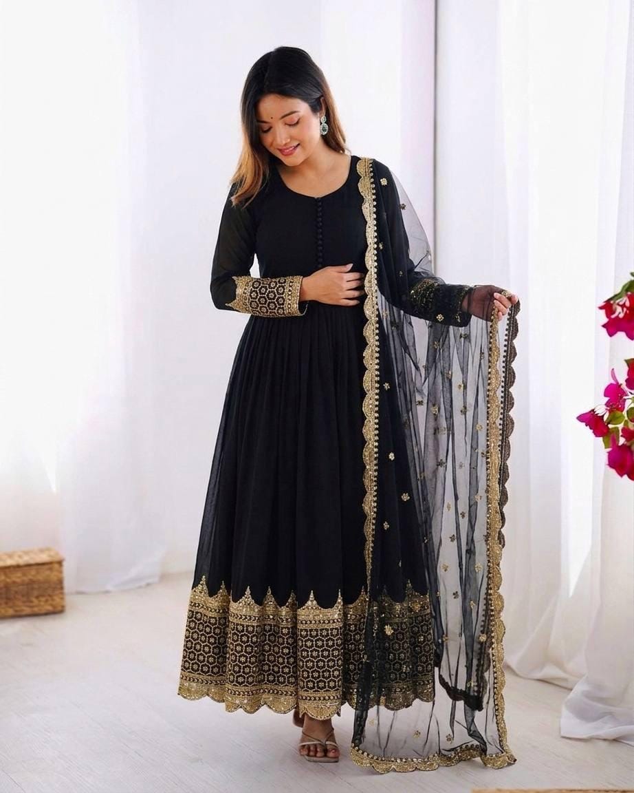 Black Embroidered Anarkali Gown Set, Faux Georgette Sequence Work, Party Wear Ethnic Dress