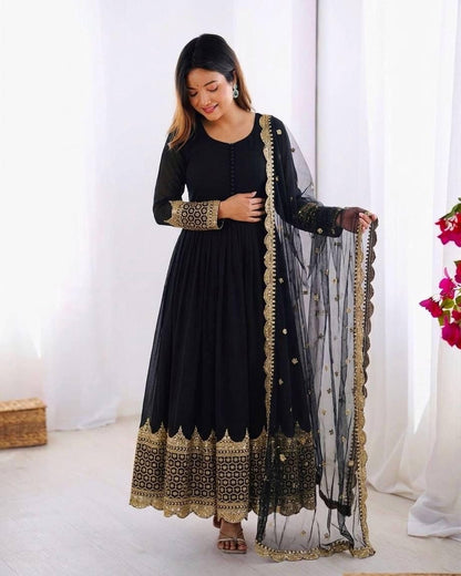 Black Embroidered Anarkali Gown Set, Faux Georgette Sequence Work, Party Wear Ethnic Dress